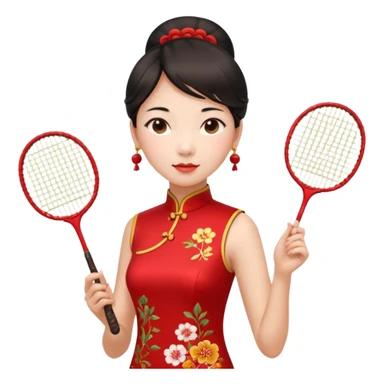 ancient cheongsam girl with 1 badminton racket, red sticker