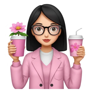 Chica de pelo negro ojos negros y piel morena con lentes oversize square con ropa bonita m pantallas pequenas de cristal , en la mano derecha una taza de cafe en color rosa con una flor negra de diseno. Sentada mirando la television. sticker