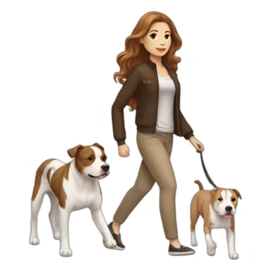 White woman with long wavy brown hair walking tan and white pitbull sticker