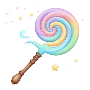 Cinematic cute magical wand, pastel swirls of color, tiny twinkling stars floating around, glowing softly, chubby rounded edges, whimsical and dreamy. sticker
