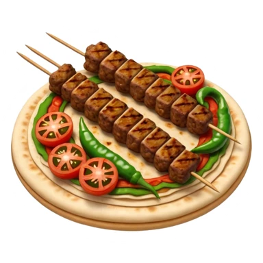 Adana kebab object icon, spicy grilled minced meat skewer, served on flatbread, grilled tomatoes and green peppers on the side, smoky char marks, juicy texture, 3D cartoon, mobile game icon style, centered, clean background, no text, no watermark
 sticker