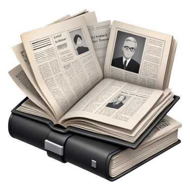 Icon for Non-Fiction & Narrative Reading: an open book with black-and-white photos on the pages, surrounded by a pile of newspaper clippings, and an open folder with top-secret documents. The icon should reflect the blend of real stories and facts in non-fiction literature. Transparent background. sticker