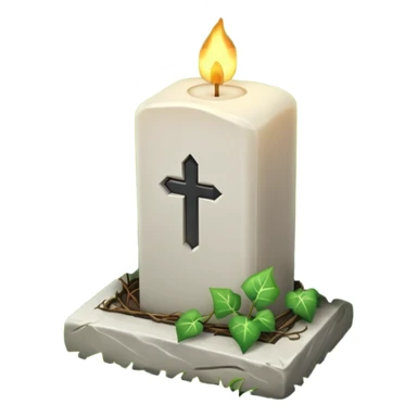 Gravsten med lite ivy som klättrar på den och framför i gräset på marken ett stående vitt brinnande blockljus sticker