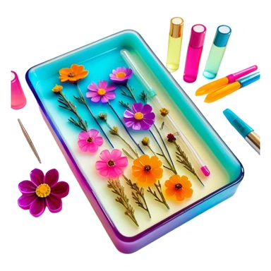 Epoxy resin art icon, jewelry and decorative items made with fluorescent epoxy resin, glowing effect on the resin, finished resin jewelry with dried flowers embedded inside, visible tubes of resin with bright colors, mixing tools, and molds, minimalistic style, clean lines, transparent background sticker