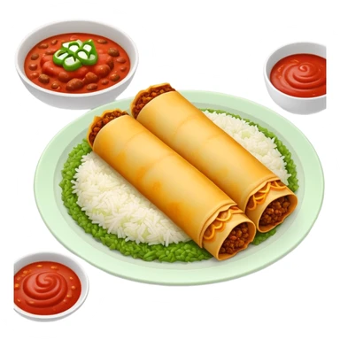 Beef enchiladas with red sauce and a side of light green rice sticker