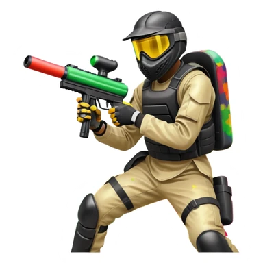 A dynamic scene of a player in action, holding a paintball gun and wearing protective gear. The background shows a vibrant paintball field with obstacles, colorful splatters of paint in the air, and an intense, competitive atmosphere. sticker