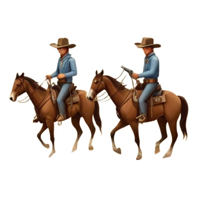 Icon for Western: A vintage movie poster-style design with cowboys on horseback, dusty desert landscape, and a setting sun. Include cowboy hats, revolvers, and an old saloon. The design should have bold typography and a retro cinematic feel. Transparent background. sticker