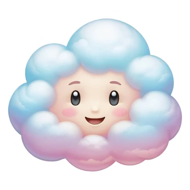 Cinematic round pastel cloud, soft puffy texture, gentle glowing edges, tiny happy face with blushing cheeks, floating in a dreamy sky, warm and magical. sticker