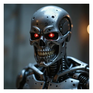 Terminator robot face, half human half endoskeleton, realistic style, referencing the 'I'll be back' scene, intense expression sticker