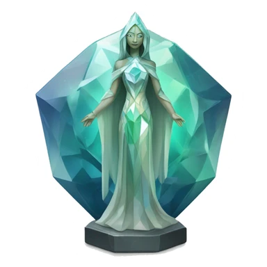 crystal sculpture oracle priestess with a geometric faceted design with disney features. Oracle of delphi is sparkling and standing upright on a base with angular and flower features. The blues neutrals and greens highlights the sharp edges and planes.  sticker