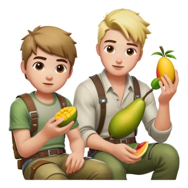 Joseph playing Fortnite and Bryce sitting beside him eating mango sticker