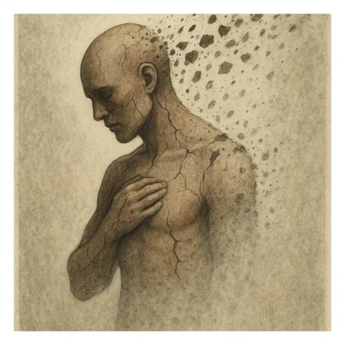symbolic and realistic illustration of a stylized human figure self-destructing, with body parts dissolving or fragmenting, cracks and fading, educational and respectful tone, no explicit details sticker