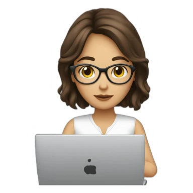 Brunette with glasses resting chin on hand gazing at laptop sticker