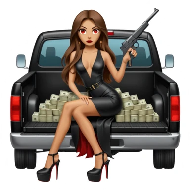 Lilith symbol red eye seductress evil long brown haired sexy succubus woman with leather long dress with slit, sitting in Big Large F350 pickup truck. Black Platform high heels on feet. Back of truck full of stacks of cash, sitting behind her is  a human skull with a gun in other hand sticker
