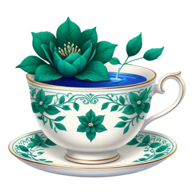 A delicate teacup with an intricate vintage emerald green floral design, set beside a love letter with deep blue ink. sticker