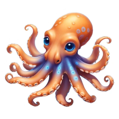 Cinematic Cute Octopus Portrait Emoji, Head tilted playfully and inquisitively, featuring a rounded, light orange body embellished with playful blue rings, eight adorably curling arms, and big, twinkling eyes full of wonder, Simplified yet irresistibly adorable features, highly detailed, glowing with a warm, inviting underwater glow, high shine, affectionate and lively, stylized with a touch of whimsical cartoon charm, soft glowing outline, capturing the essence of a mischievous yet loving octopus that seems as if it could bob out of the screen into your arms! sticker