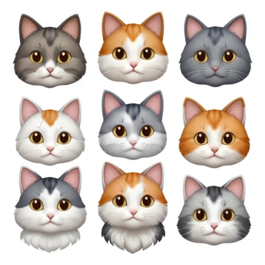6 realistic looking cats with different natural coloured coats, assorted grey and white, greys, calico, brown and white colours etc
 sticker