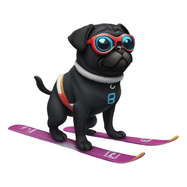 Black pug with a curly tail and goggles skiing on a snowy mountain sticker