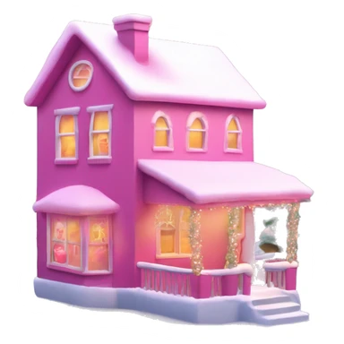 A pink house with a pink Christmas tree, pink snow, pink Santa Claus with a pink hat, pink snowman wrapped with the scarf around his neck and a pink hat, smiling the house have lights decorated around with a Christmas tree in the middle of the window sticker
