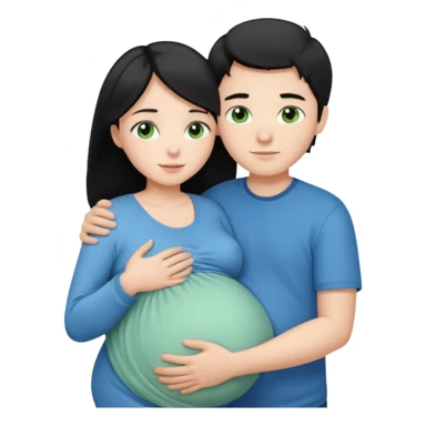 Make a couple hugging the girl is white with long black hair with blue eyes. The girl is hugging a boy with light brown short hair with green eyes. The boz is pregnant  sticker