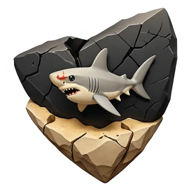 3D render of Shark Tooth, embedded in a chunk of rough sedimentary rock, cracked stone texture, ancient fossil aesthetic, shiny black enamel tooth embedded in beige sand, matte dry finish, Apple emoji style, isolated on white background --v 6.0, only shark teeth sticker