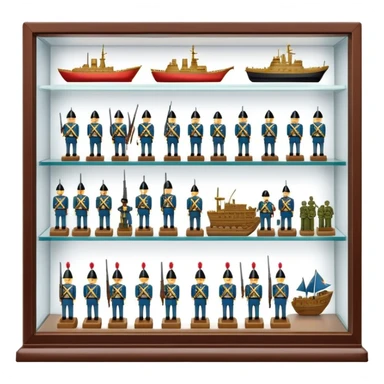 Icon for Miniature Collecting: a collection of finely detailed miniature items such as tiny colorful army of soldiers, ships and accessories, neatly displayed on a shelf or in a display case. The icon should convey the intricacy and charm of collecting miniature objects. Transparent background. sticker