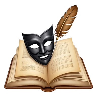 An icon featuring an open book with flowing pages, a feather quill, and classic literary symbols like a theater mask and inkwell. The design includes a subtle parchment background with faint text lines, symbolizing the study of literature. Transparent background emphasizes creativity and analysis. sticker