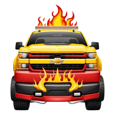 Yellow Chevrolet Silverado with custom red flame artwork specifically on the front bumper, hood remains plain yellow, authentic Kill Bill truck design, 30-degree angle, iOS emoji style sticker