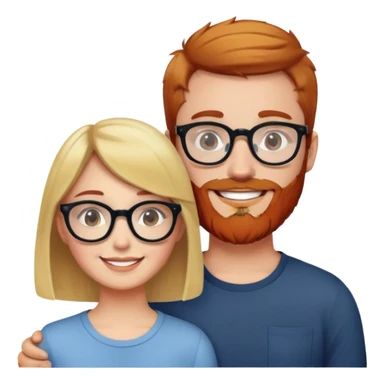 Girl with short brown hair and round glasses smiling next to man with blonde hair and red beard. sticker
