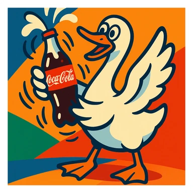 a goose shaking a Coca Cola bottle, vibrant and playful sticker