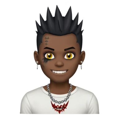zombie boy with spiky emo black hair and white shirt , tattos, a risk on the eyebrow, earings,  a necklace emoji, with grills in his mouth and he’s smiling, change skin color to darkskin sticker