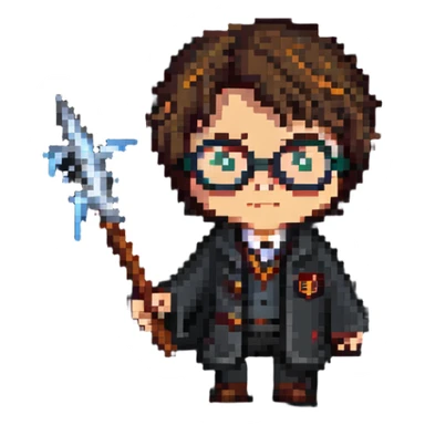 Harry Potter with glasses, lightning scar, and wand sticker