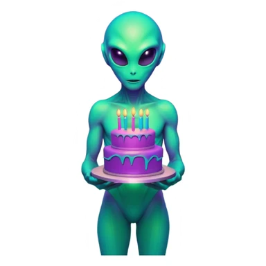A neon-colored alien holding a holographic birthday cake, 1980s vaporwave aesthetic, grid floor, purple and cyan sunset, glitch effects, synthwave atmosphere, retro futuristic style
 sticker