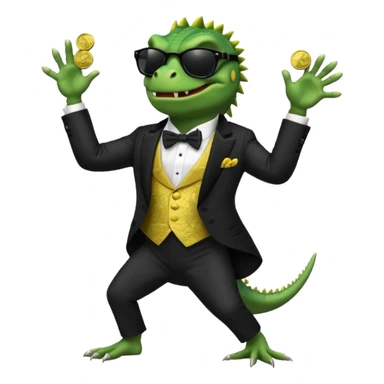 capitalist iguana banker in tuxedo and black sunglasses dancing crazy with coins sticker
