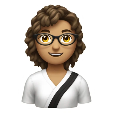 chica adolescente blanca con pelo castaño ondulado y lentes negros delgados medio circulares y cuadrados y cara ovalada, cuerpo delgado, haciendo taekwondo sticker