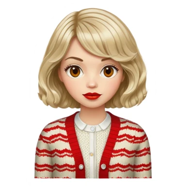 Alluring 1970's French girl french shiny wavy textured bob haircut tousled hair red lips wearing knitted cardigan sticker