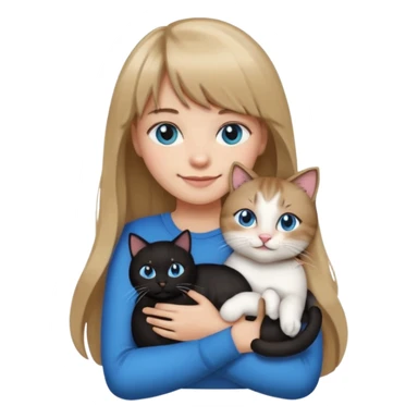 Apple-style emoji sticker of a young woman with long dark blond hair and bangs, blue eyes , holding a black-and-white cat on her chest, both smiling.  sticker