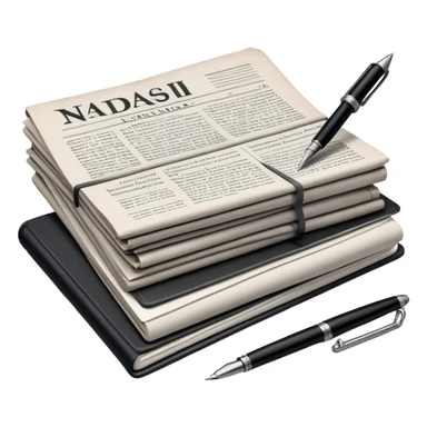Create an emoji representing journalism and publicistic writing. The design should feature a stack of newspapers as the base, with an open working notebook placed on top of them. A single fountain pen should rest at the very top on the notebook, symbolizing the act of writing. Use neutral, professional colors like black, white, and muted tones to convey a sense of seriousness and intellect. Do not include any emojis or smiley faces. Make the background transparent. sticker