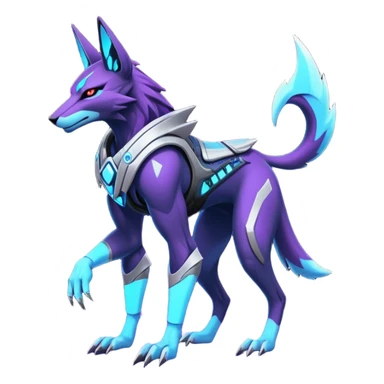 Silver and indigo and purple and violet cyberpunk intricate neon glowing grey white futuristic cyborg-Anubis-Zeraora-Zoroark-fusion (full body) sticker