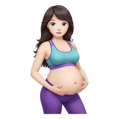 pregnant women, long dark brown wavy hair with curtain bangs, pale skin and grayish aquamarine coloured eyes, showing belly with one hand on the belly, in a purple sports bra and leggings  sticker