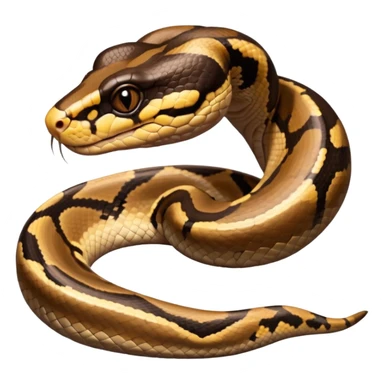 A photo-realistic digital illustration of a Ball Python, large headshot portrait. The snake has a short, rounded snout and smooth, soft contours, with a gentle, inquisitive expression that gives it a slightly playful charm. Its head is warm brown with bold, irregular dark markings. sticker