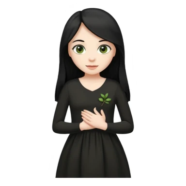 Pale girl with long black hair and olive green eyes soft smile wearing black dress and holding hands over her chest sticker