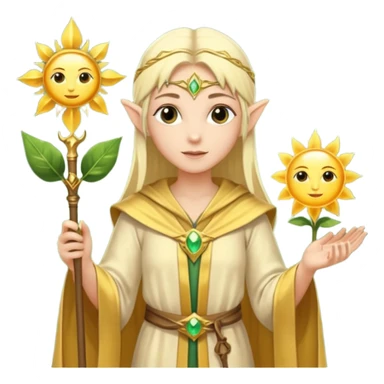 {
      "type": "human",
      "look": "light elf healer, golden robe, staff with leaf and sun",
      "description": "a light elf healer wearing a golden robe and holding a staff with leaf and sun symbols"
    } sticker