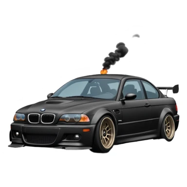 
A BMW M3 E46 is drifting through a corner, with a slight wisp of smoke coming from the rear and the wheels positioned at an angle relative to the turn.Road can see clearly  sticker