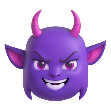 A mischievous purple devil emoji with a sly, confident smile and raised eyebrows, glowing purple horns, smooth gradient shading, minimalistic and glossy 3D cartoon style sticker