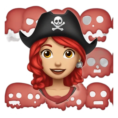 Woman long red one platted hair on one sid short hair on other side Tattoo under shaved hair. pirate hat, skull and crossbones t shirt sticker