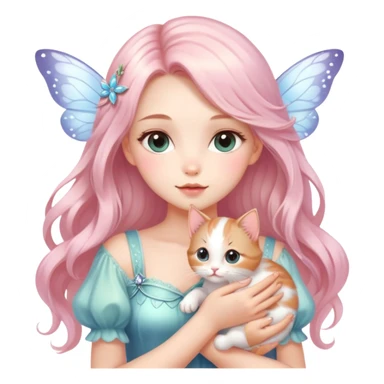 Very dreamy-pretty-fashionable-cute-shiny-ladylike-soft style-kawaii-beautiful-beautiful-hair-fairy style-holding a kitten sticker