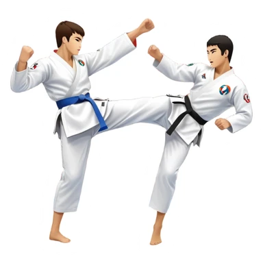 Two taekwondo fighters in a competition arena, one performing a high spinning kick towards the opponent’s head, while the other blocks with a precise guard. The background features a dynamic, bright arena with flags, emphasizing speed and agility in the martial art. Transparent background  sticker
