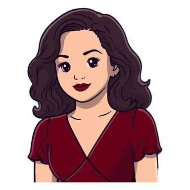 Elegant high-profile woman with glowing fair skin, long dark straight hair with soft waves, large dark eyes with dramatic makeup, defined eyebrows, full red lipstick, wearing wine red velvet dress with V-neckline, glamorous confident smile sticker