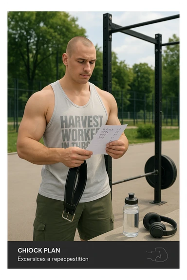 un uomo prepara con cura il suo set di pesi e la cintura per streetlifting, controllando una lista di esercizi e ripetizioni scritta su un foglio. Accanto a lui, una borraccia e delle cuffie. L’espressione è serena e sicura, a sottolineare l’importanza della programmazione per un allenamento efficace. Lo sfondo è un’area fitness urbana, pulita e ben attrezzata. sticker